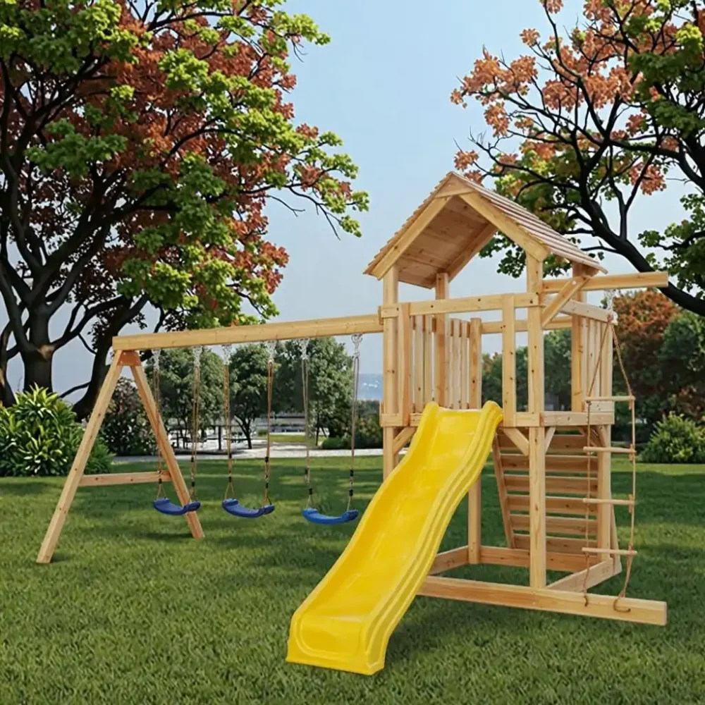 Wooden Swing Set with Slide